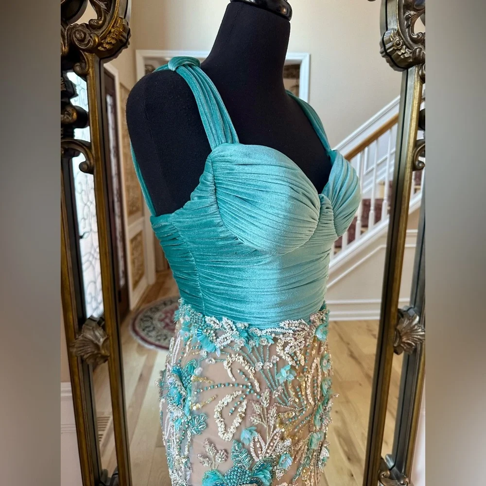 Crystal Beaded Formal Sweetheart Neckline Custom Gown Beige Turquoise Size 4 - Picture 8 of 16